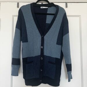 Zara Blue Color-Block Cardigan Sweater